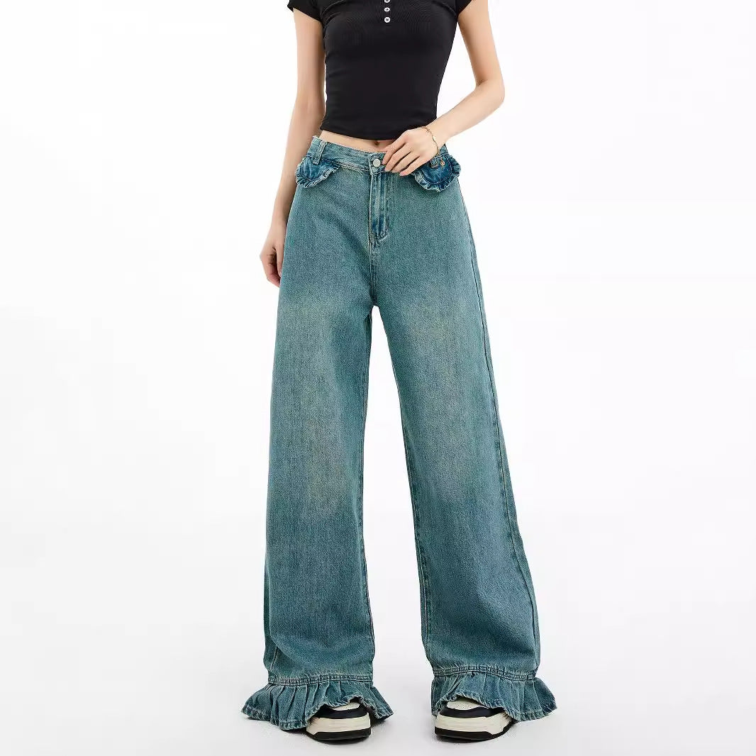 outfit inspo American Retro Jeans Women's Design Sense Niche Lace Loose Slimming Straight Mop Wide-Leg Pants