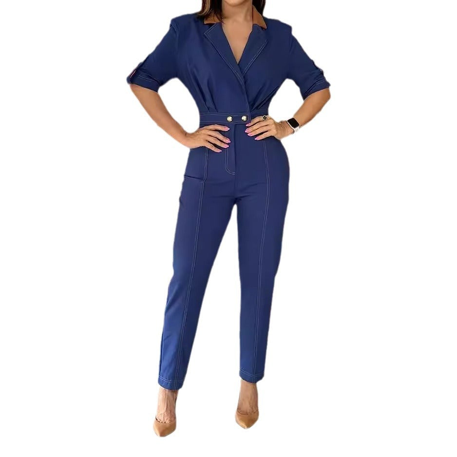 90s fashion Women's Jumpsuit Autumn New Fashion Lapel Color Matching Short Sleeve Jumpsuit
