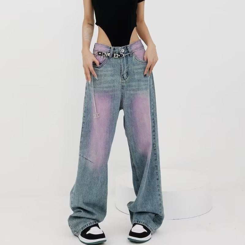 dream clothes American-Style High Street Washed Vintage Jeans Women's Summer New High-Grade Spray-Dyed Graffiti Straight Wide-Leg Mop Pants