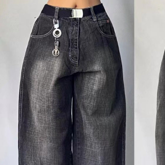 shamar Black Gray Denim Wide Leg Pants Jazz Dance Dancing Pants American High Waist Retro Distressed Ins Niche