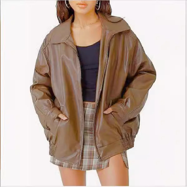 women’s outfits New Women's Oversized Motorcycle Leather Jacket Autumn and Winter Fashion Loose Long Sleeve Motorcycle Jacket