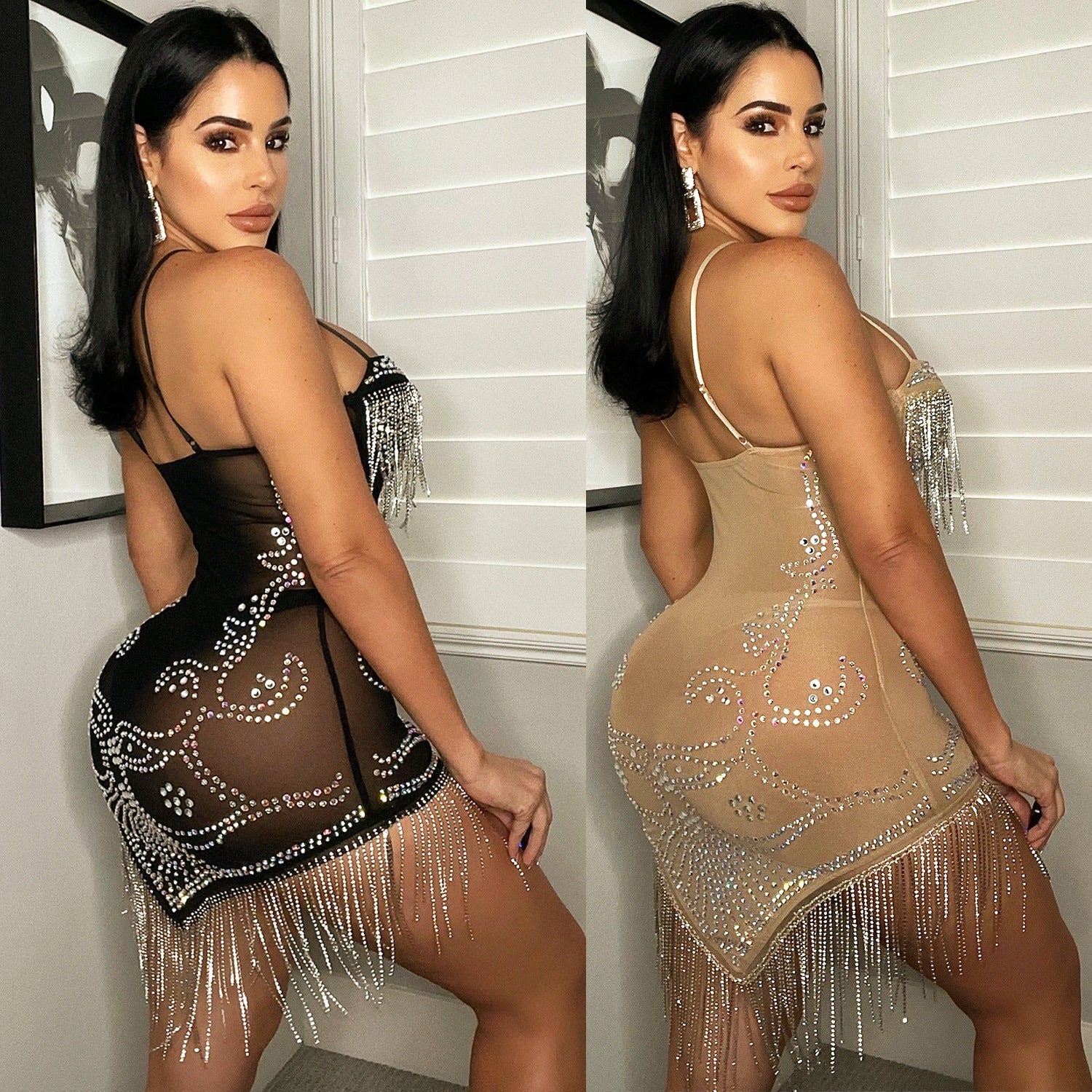 alien invasion dress to impress Summer New Women's Sexy Mesh Rhinestone Strap Tassel Dress Women