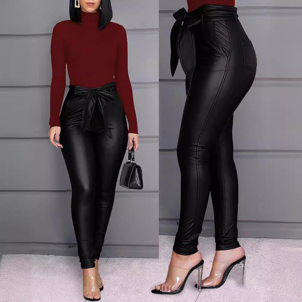 business casual women outfits chic Women's Fashion Casual Pu Pants Leather Pants (Including Belt)