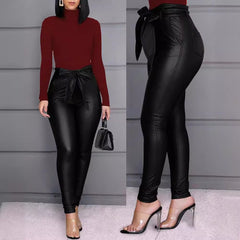 business casual women outfits chic Women's Fashion Casual Pu Pants Leather Pants (Including Belt)