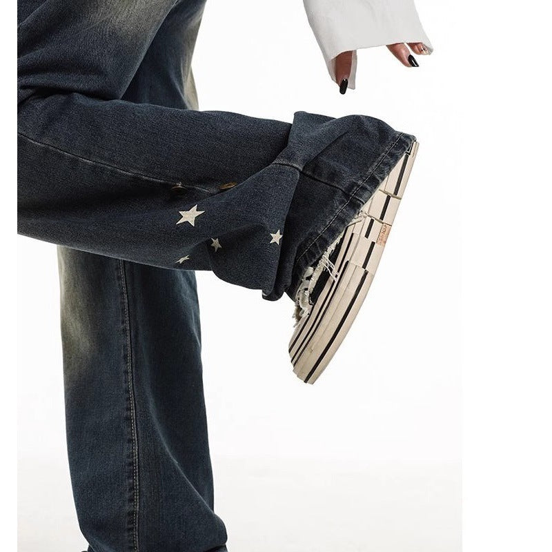 shamar American High Street Star Straight Jeans Women's Spring and Summer High Waist Loose Slimming Wide Leg Pants Fashion