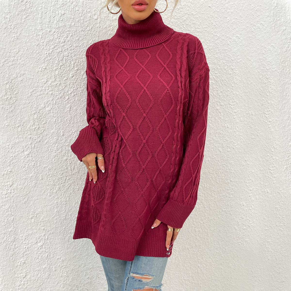tailgate outfit black women Women's Sweater Sweater Thick Line Rhombus Woven Sweater Dress Personality Solid Color