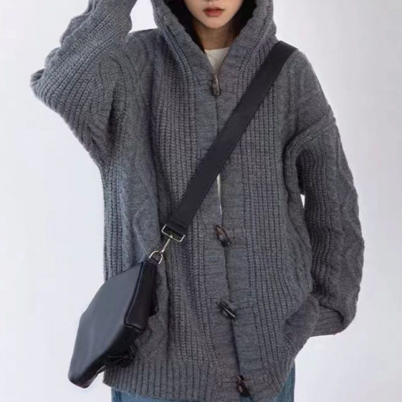 outfit inspo Retro Green Horn Buckle Twist Sweater Coat for Women Spring and Autumn Loose Lazy Hooded Knitted Cardigan Thickened Upper