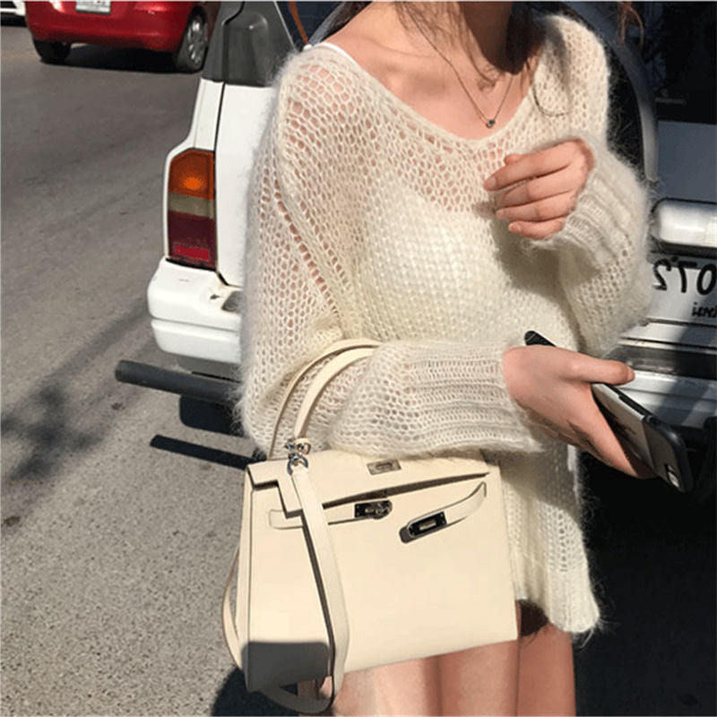 fall outfits aesthetic Hollow-out Knitted Blouse Early Autumn New Loose Outer Wear Lazy Pullover Mohair Thin Sweater