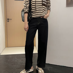tailgate outfit black women Black High Waist Jeans Winter Loose Slimming Flocking Warm Wide Leg Pants
