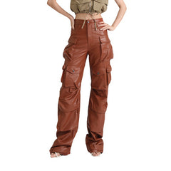 lookbook outfits Elegant High Waist Casual Leather Pants Spring New Fashion Design Stitching Pocket Loose Overalls for Women