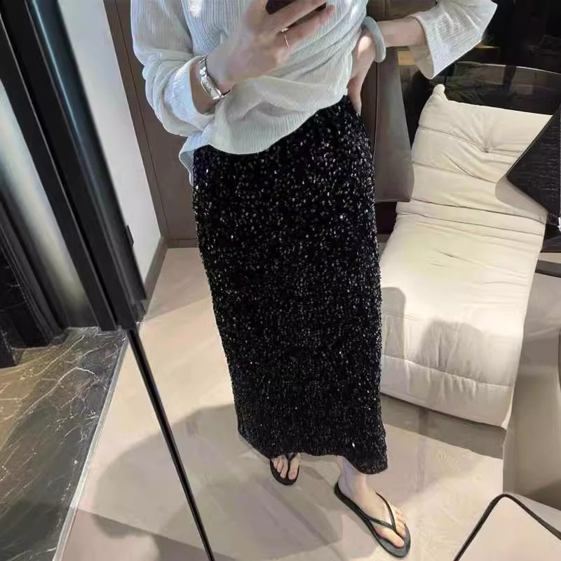 outfit ideas 2024 New Fashion High Waist Slimming Sequined Skirt Women's Elastic Waist Stretch Straight Dress