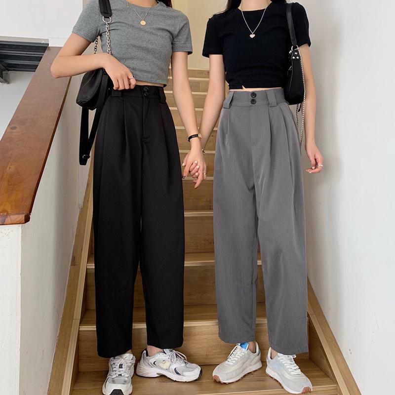 business casual outfits Pants for Female Students Korean Style Autumn Wide-Leg Pants Slimming Cropped Pants Loose Casual Pants Straight Pants Black Suit Pants