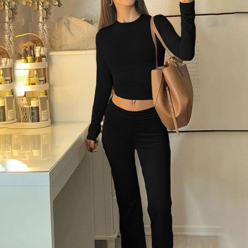 shoes Style Autumn Pure Color Elegant Casual Sports Style High Waist Tight Navel Pants Suit for Women