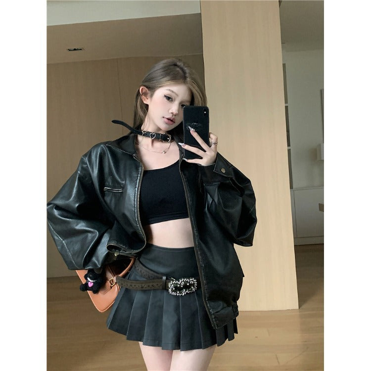 y2k outfits Retro Black Lapel Long-Sleeved PU Leather Coat for Women Autumn Cool Lady Suit Pleated Skirt Two-Piece Suit