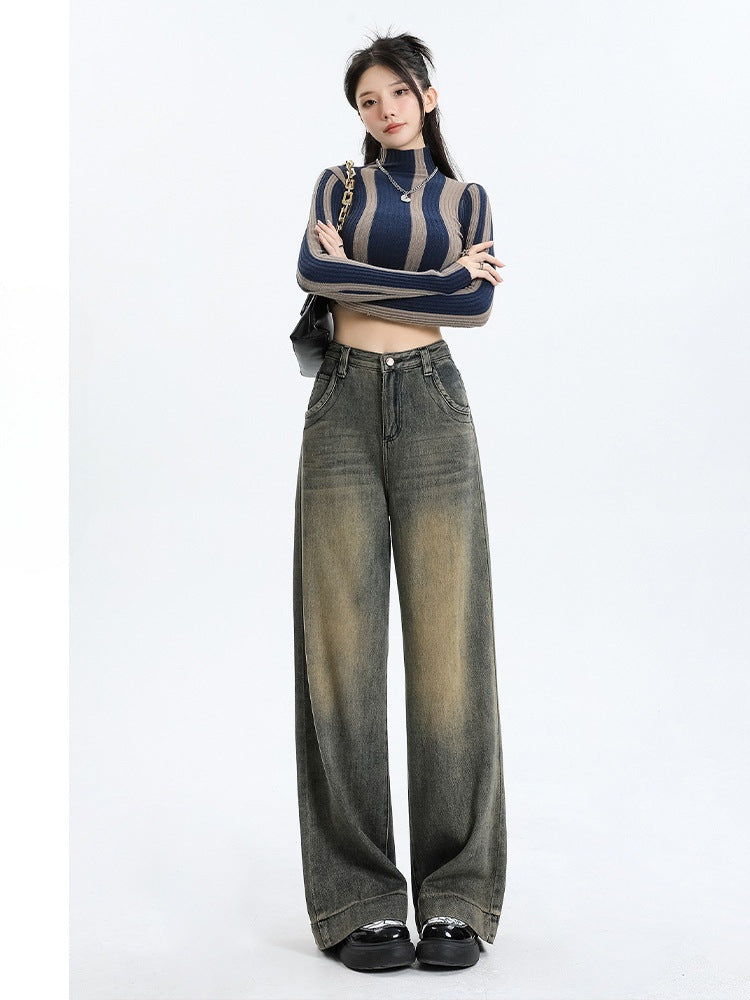 90s fashion men Distressed Cement Yellow Wide-Leg Jeans Women's American-Style Retro Retro High Waist Slimming Straight Loose Draping Mop Pants