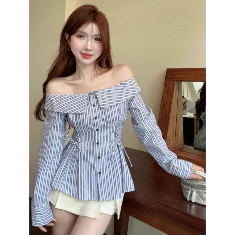 dresses Hot Girl Style Striped Shirt Girls' Spring and Autumn off-Neck Slim Waist Shirt Chic Lace-up Long Sleeve T-shirt Shirt