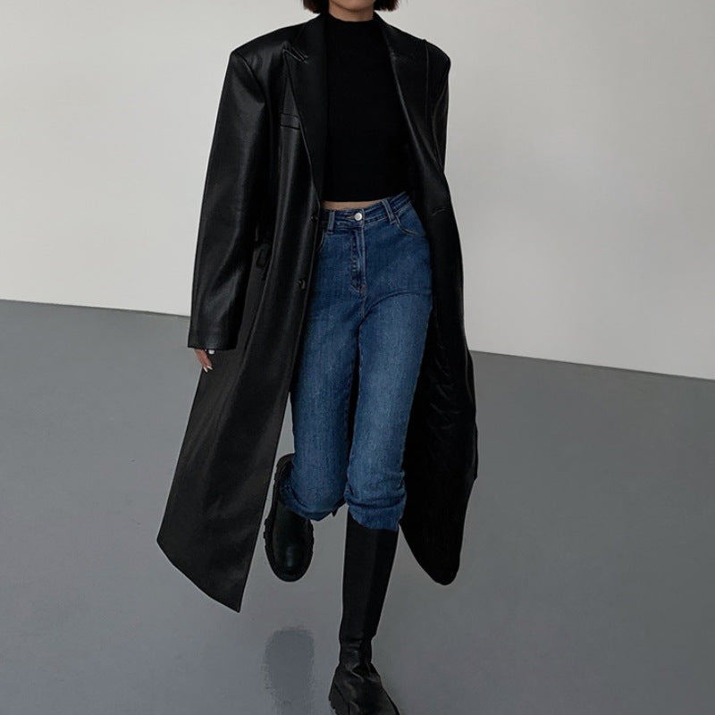 black outfit Black Mid-Length Leather Coat for Women Spring and Autumn Fashion New Loose over-the-Knee PU Leather Suit Coat Trendy