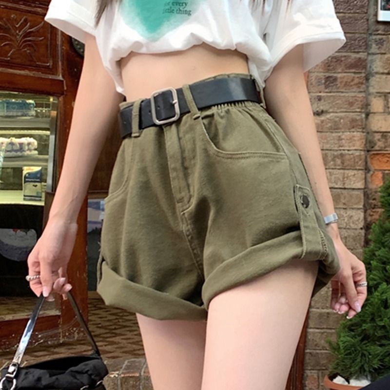 y2k outfits Flanging Denim Shorts Women's Summer New Retro Hong Kong Style High Waist Slimming Word Curling Overalls Pants