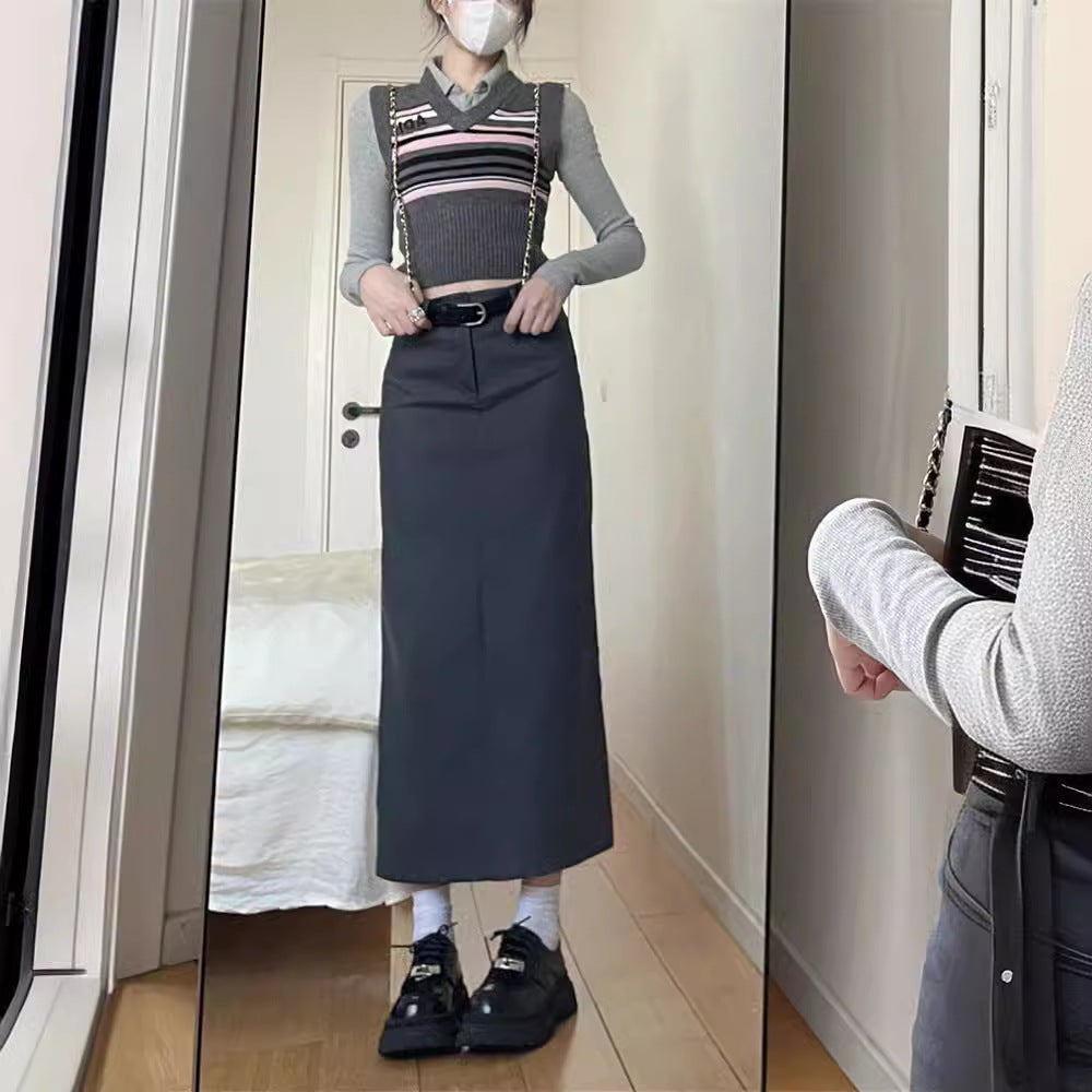 business casual outfits Plus Size Chubby Girl High-Grade Gray Skirt Women's New High Waist Suit Skirt Loose Slimming Mid-Length A- line Skirt