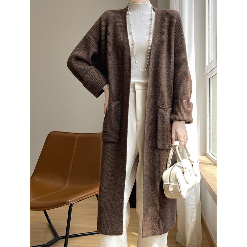 black sweater dress outfit Korean Style Loose Lazy Style Pure Wool Cardigan Women's V-neck Mid-Length Thickened Coat with Pocket Cashmere Coat