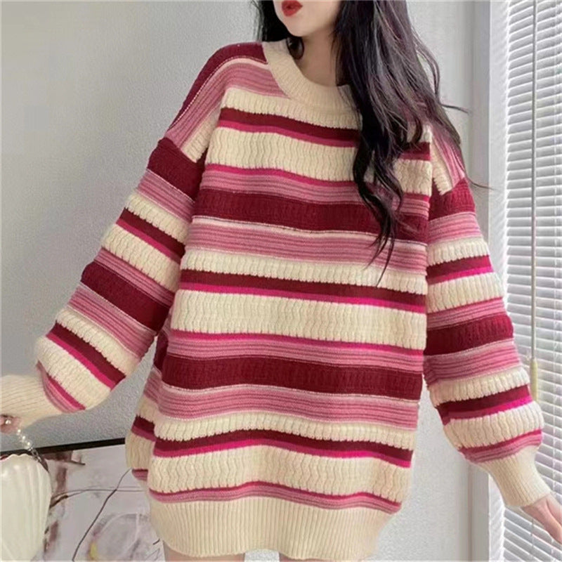 trio halloween costumes Gentle Style Soft Glutinous Striped Jacquard Pullover Women's Autumn and Winter Retro Loose Sweater Lazy Style Top