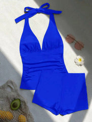 2000s fashion Swimsuit Solid Color Split High Waist Boxers Halter Backless Tankini Swimsuit