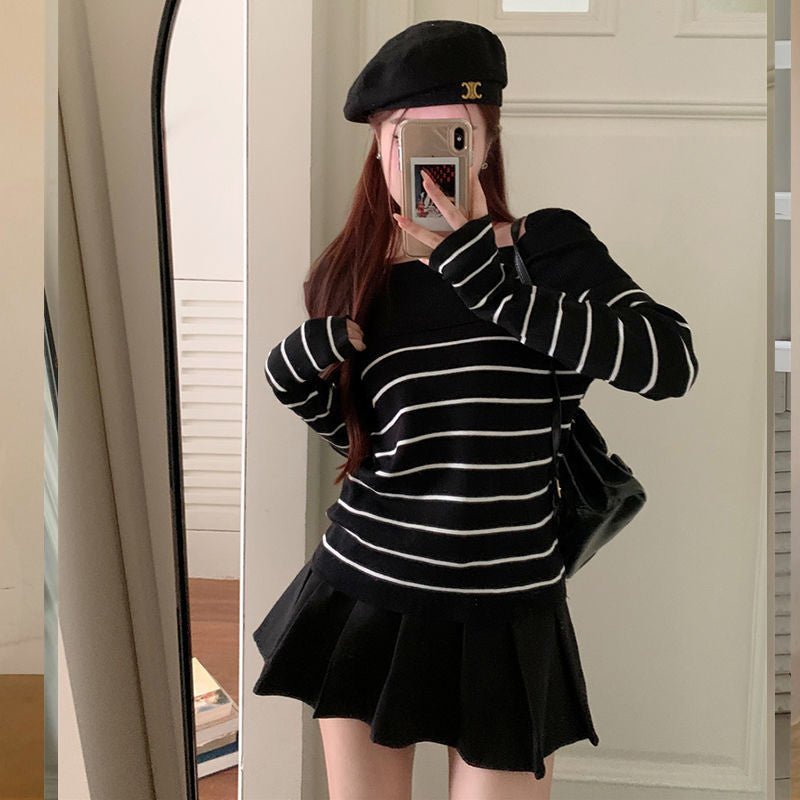 long sweater dress outfit Striped Temperament off-Shoulder Sweater Women's Autumn Slim Slimming Gentle Bottoming Sweater Top