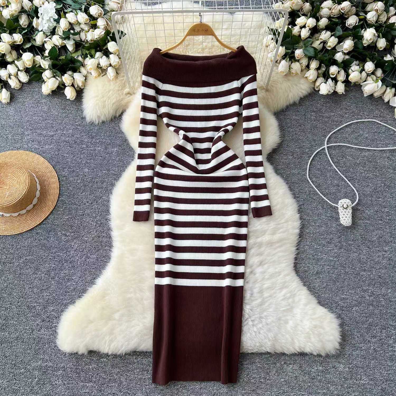 long sweater dress outfit Autumn and Winter Elegant Slim-Fit Sheath Slimming off-Shoulder Collarbone Black and White Stripe Knitted Dress