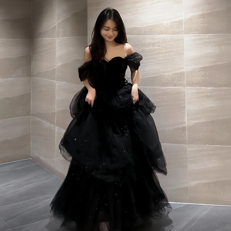prom dresses French Style off-Shoulder Evening Dress Women's Black Adult Ceremony Vocal off-Shoulder Banquet Host Gauze Dress Niche