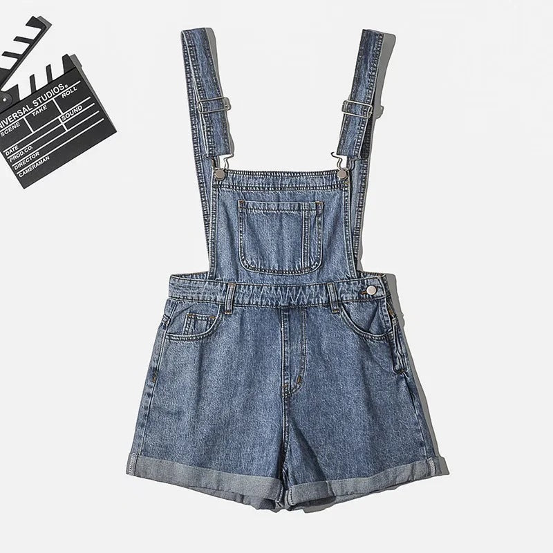 Summer Korean Style Student Denim Suspender Pants Women's Preppy Style Wide Leg Shorts Loose Curling Denim Tide