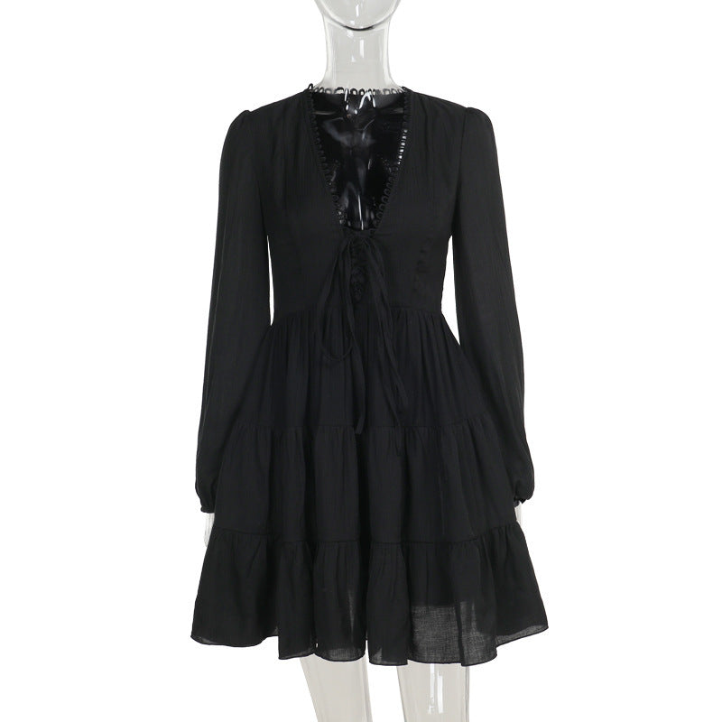 leapord halloween outfit Autumn Style Elegant Sexy Slim-Fit Slimming Lace-up V-neck Dress Female