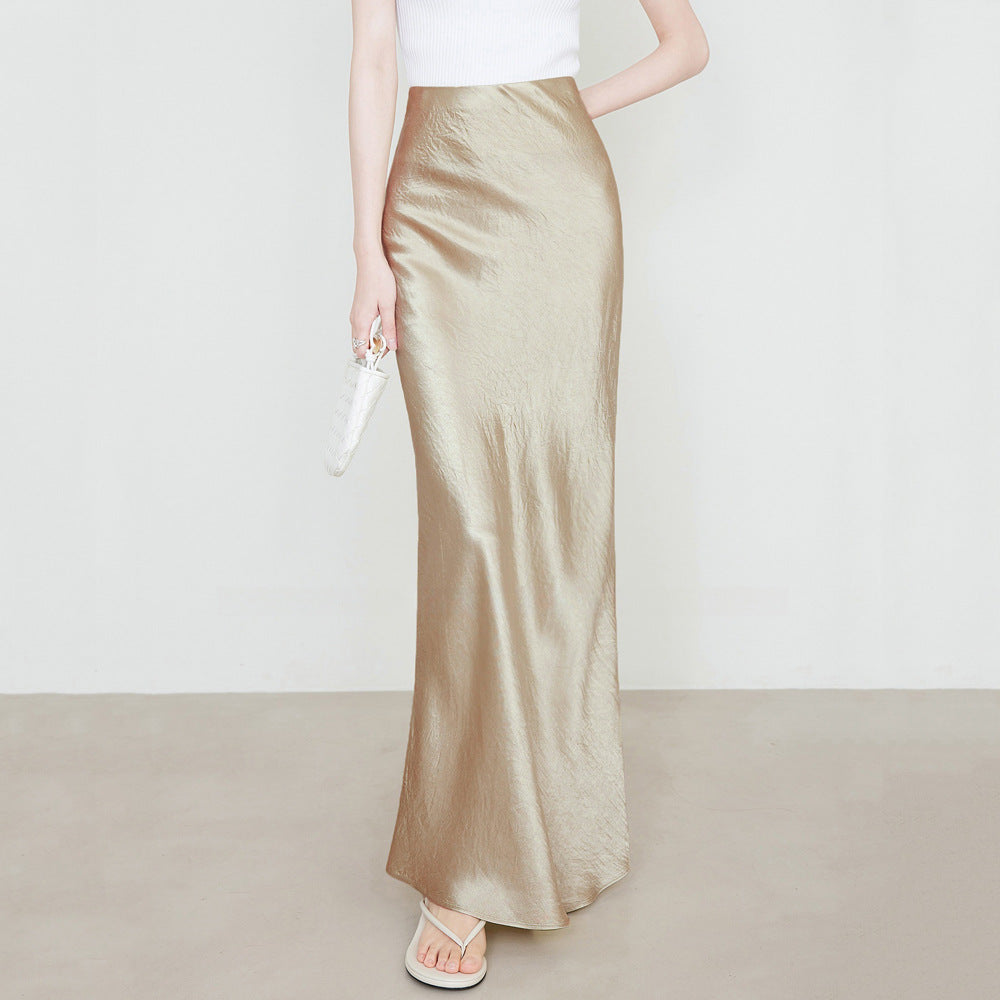 fashion outfits Women's Summer Satin Skirt High Waist Elastic Clutch Pattern Long Skirt Elegant Solid Color Long Skirt