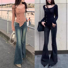 y2k outfits Women's Korean-Style Slim-Fit Double-Button Denim Flared Pants with Super Zan High Waist