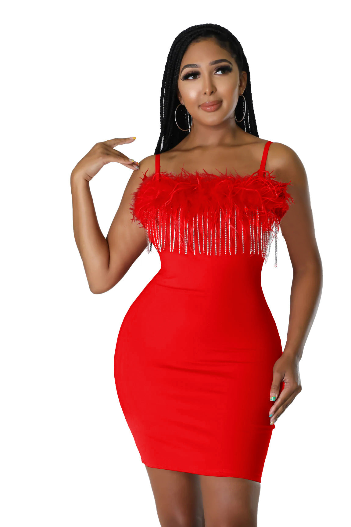 birthday outfit Fashion Women's Solid Color Zipper Sling Brick Chain Feather Dress Female