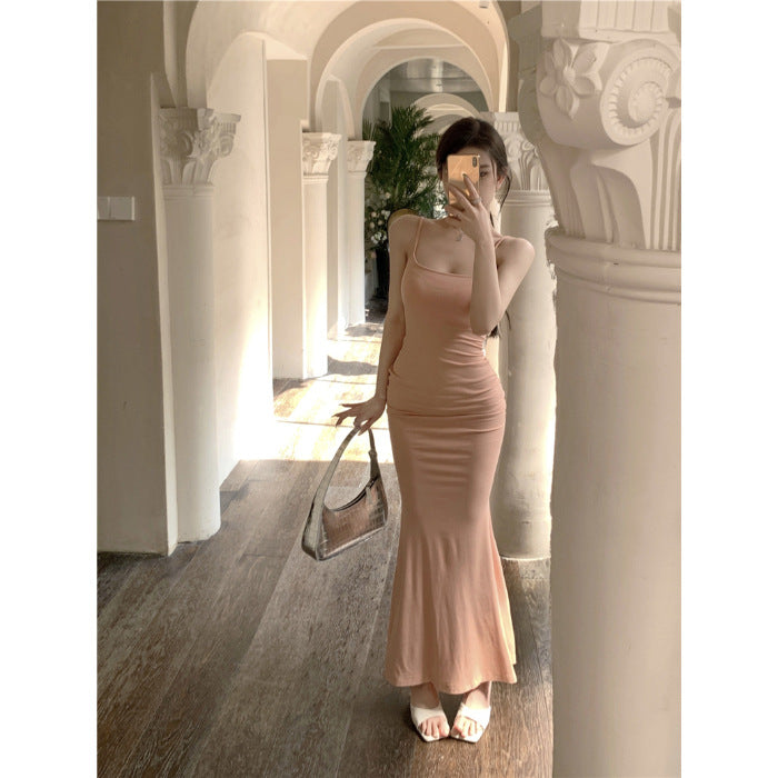 prom dresses Camisole Dress Women's Summer Sexy Pleated Waist Slimming Mid-Length Tight Sheath Fishtail Skirt