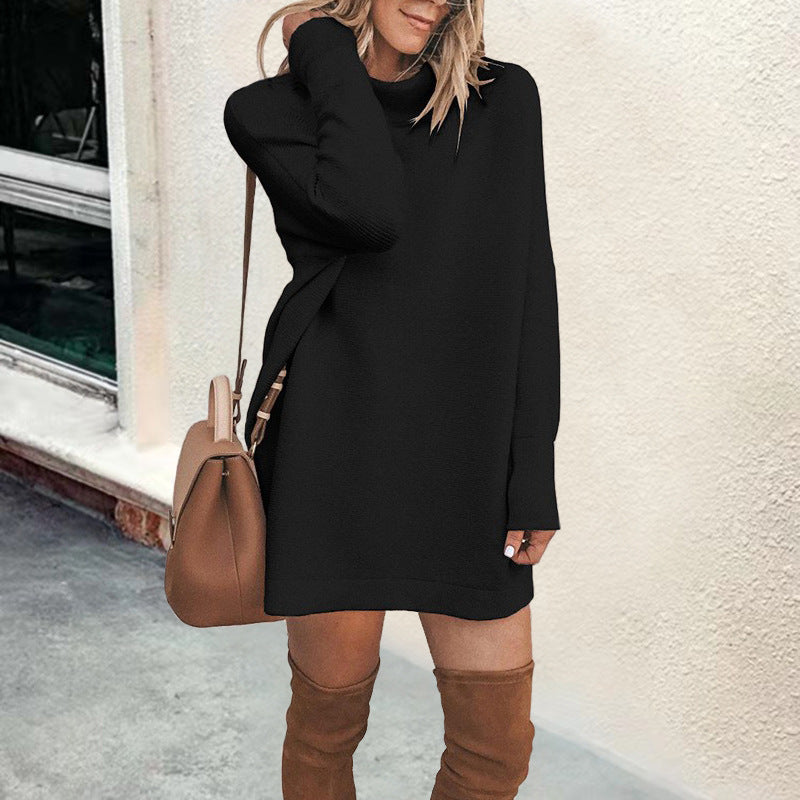 women’s fall fashion Women's Autumn and Winter Fashion Long Sleeve Mid Collar Solid Color Sweater Dress