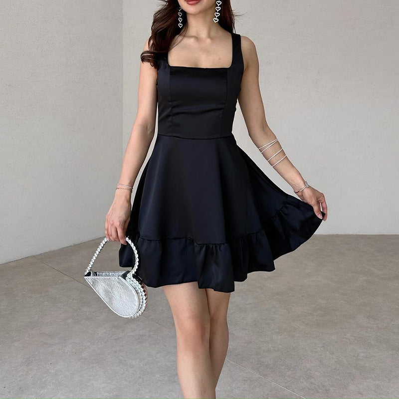 dress to impress Women's Summer Square Collar Backless Sexy High Waist Slim Stitching Dress