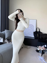 simple winter outfits Furry Knitted Suit Square Collar Pullover Short Sweater Top Sheath Dress Bow Two-Piece Set