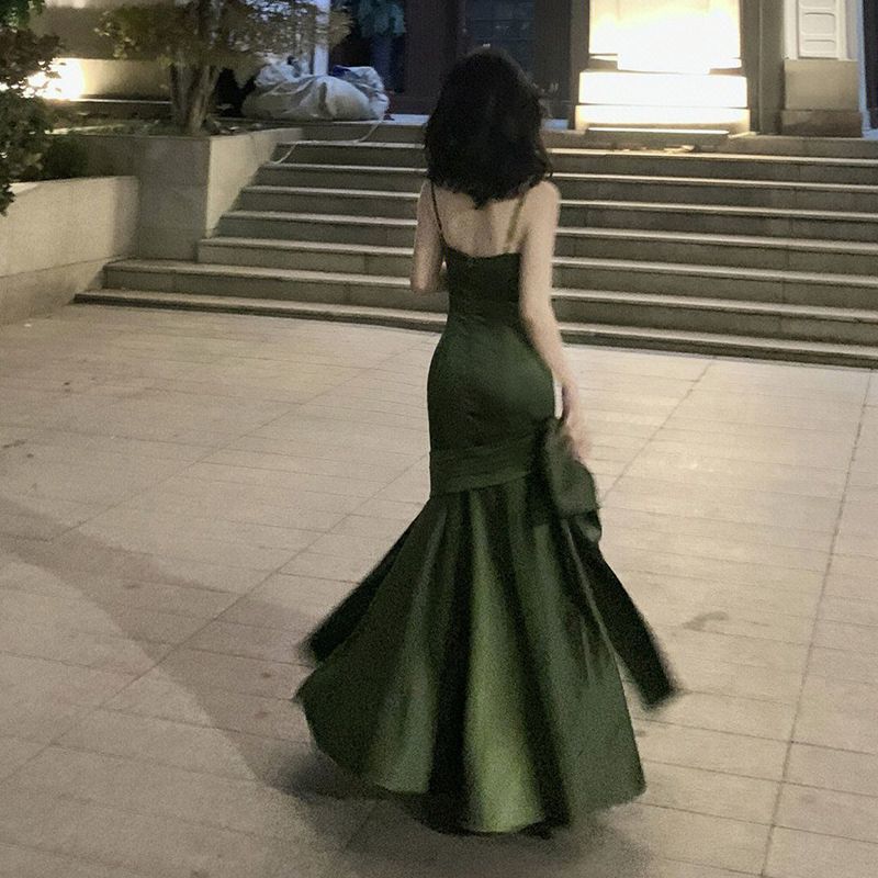 prom dresses French Style Green Strap Backless Dress Women's Niche Design Sexy Dress Long Skirt