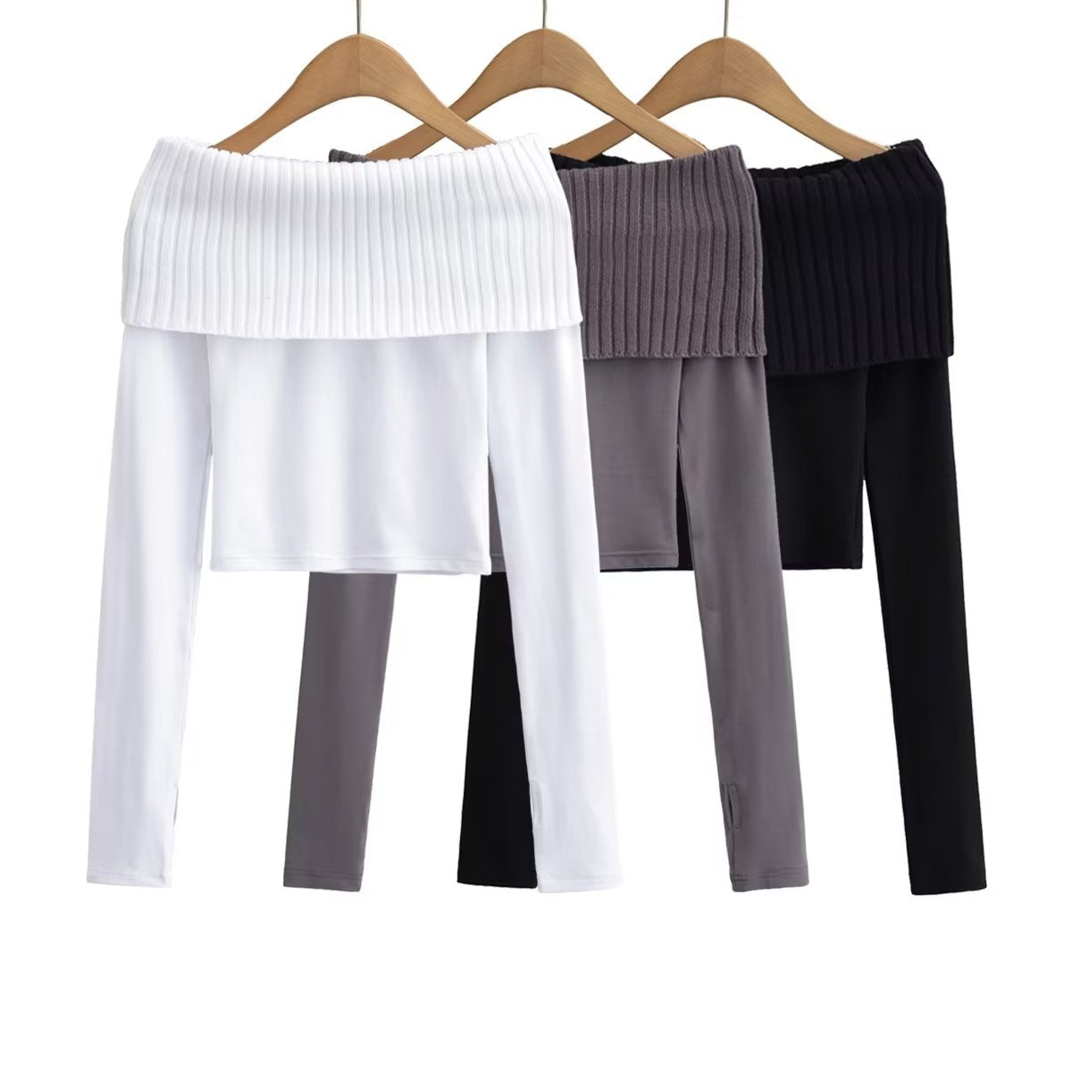 dream clothes Autumn and Winter New Women's Hot Girl off-Neck Stitching Long-Sleeved T-shirt