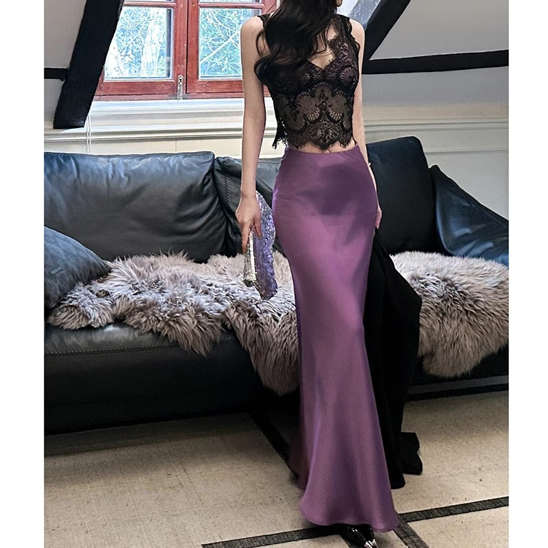 business casual outfits French Ice Silk Mid-Length Satin Skirt Women's 2024 Summer Pear-Shaped High Waist A- line Acetate Fishtail Skirt