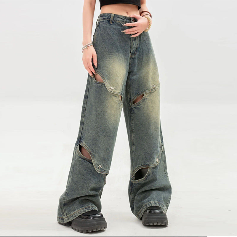 going out outfits Niche Deconstructing Wide-Leg Jeans Women's American High Street Hollow Mop Pants Retro Long Pants Fashion