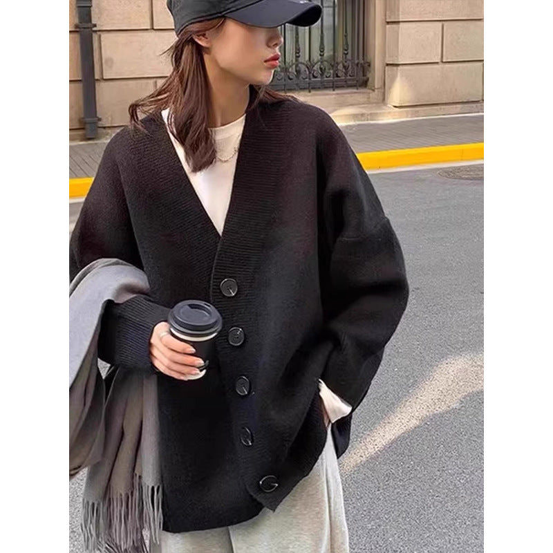datenight fall outfits Black V-neck Knitted Cardigan for Women Autumn and Winter Outer Wear Fashionable Western Style Top Loose Lazy Style Mid-Length Women