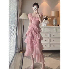 alien invasion dress to impress New Irregular Square Collar Ruffled Dress Women's Cake Skirt Temperament Long Skirt