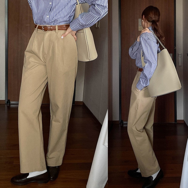 2000s fashion French Retro Khaki Straight Suit Pants Women's Spring and Autumn High Waist Korean Style Slimming Cover Chic Casual Long Pants