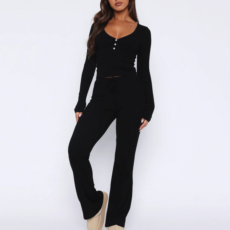 comfy school outfits 2024 Spring and Autumn New Suit Long Sleeve Button Solid Color Tight Top and Trousers Two-Piece Set for Women