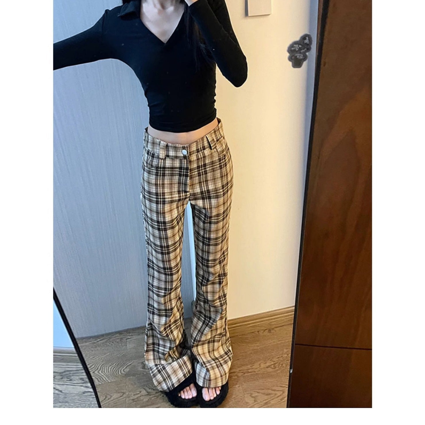 grunge outfits Micro Horn Plaid Sports Pants Women's New Autumn and Winter High Waist Slimming Slim Fit Hot Girl Horseshoe Casual Pants Mopping Pants