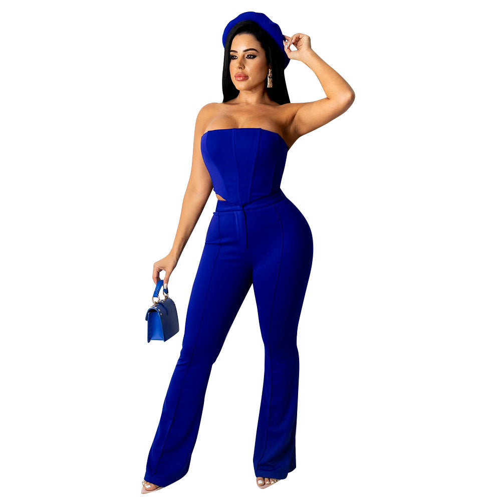 outfit New Sexy Tube Top off-Shoulder Bright Line Decoration Slim Flared Pants Nightclub Suit