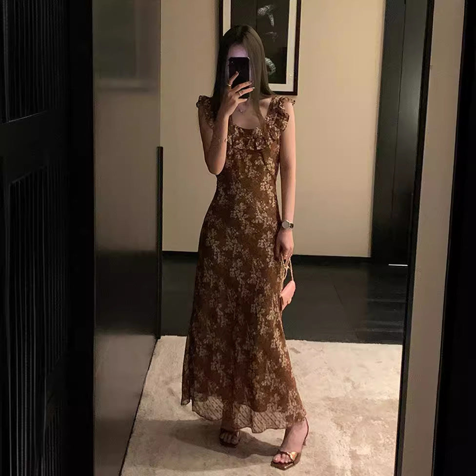 dresses French Retro Floral Chiffon Dress Women's Summer Slimming Ruffled Bell Sleeve Long Dress