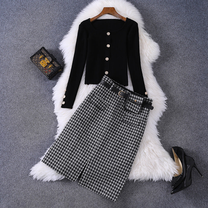 fall outfits Autumn Women's round Neck Knitted Slim Top Plaid with Belt Skirt Casual Suit